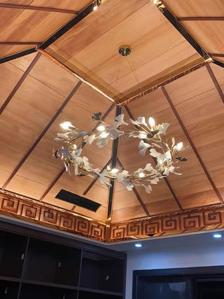 Lustra Suspension Lampe Feuilles de Gingko en Porcelaine Dorée