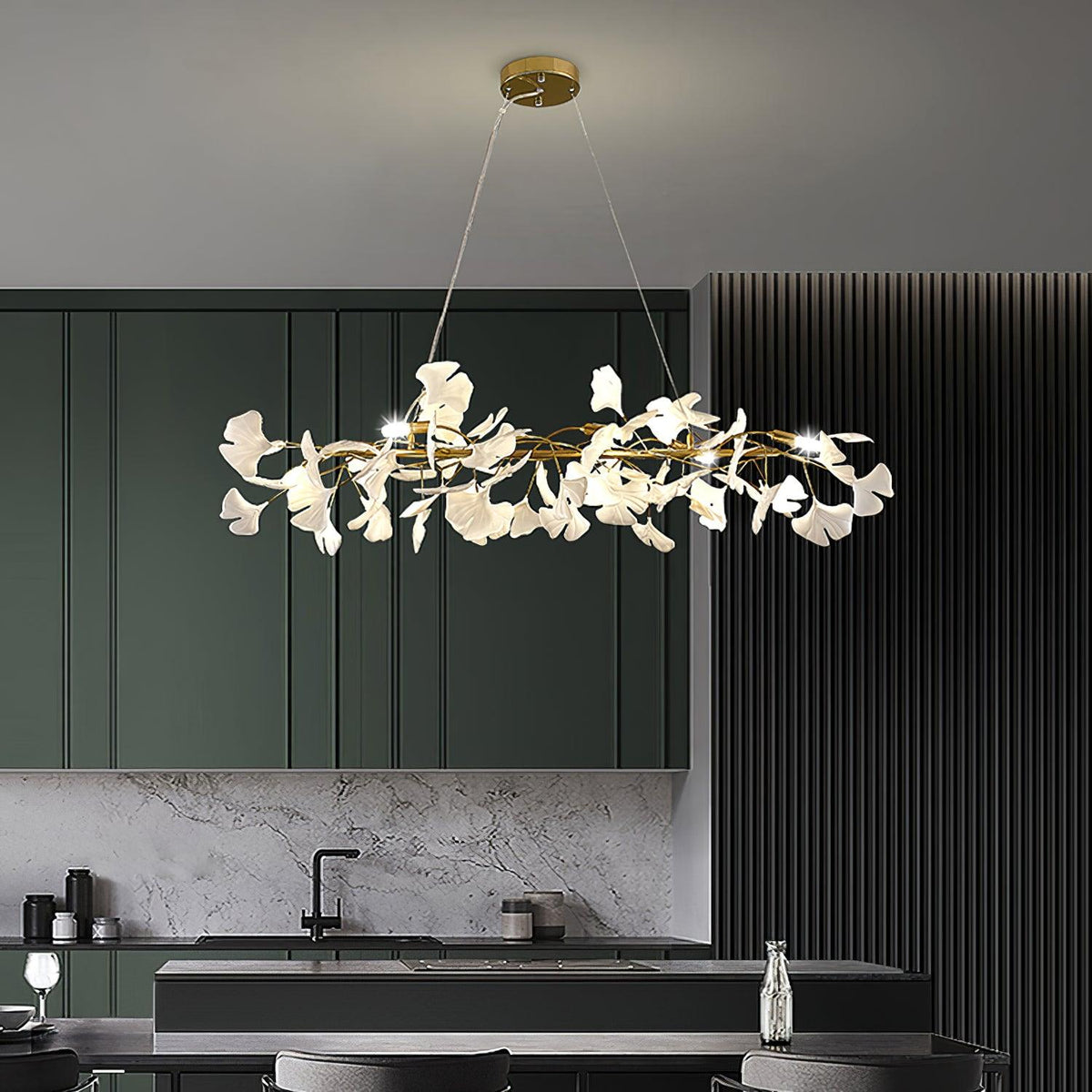 Chandelier Metal Frame Ceramic Gingko White Gold Shade Modern Art-Neutral Decor