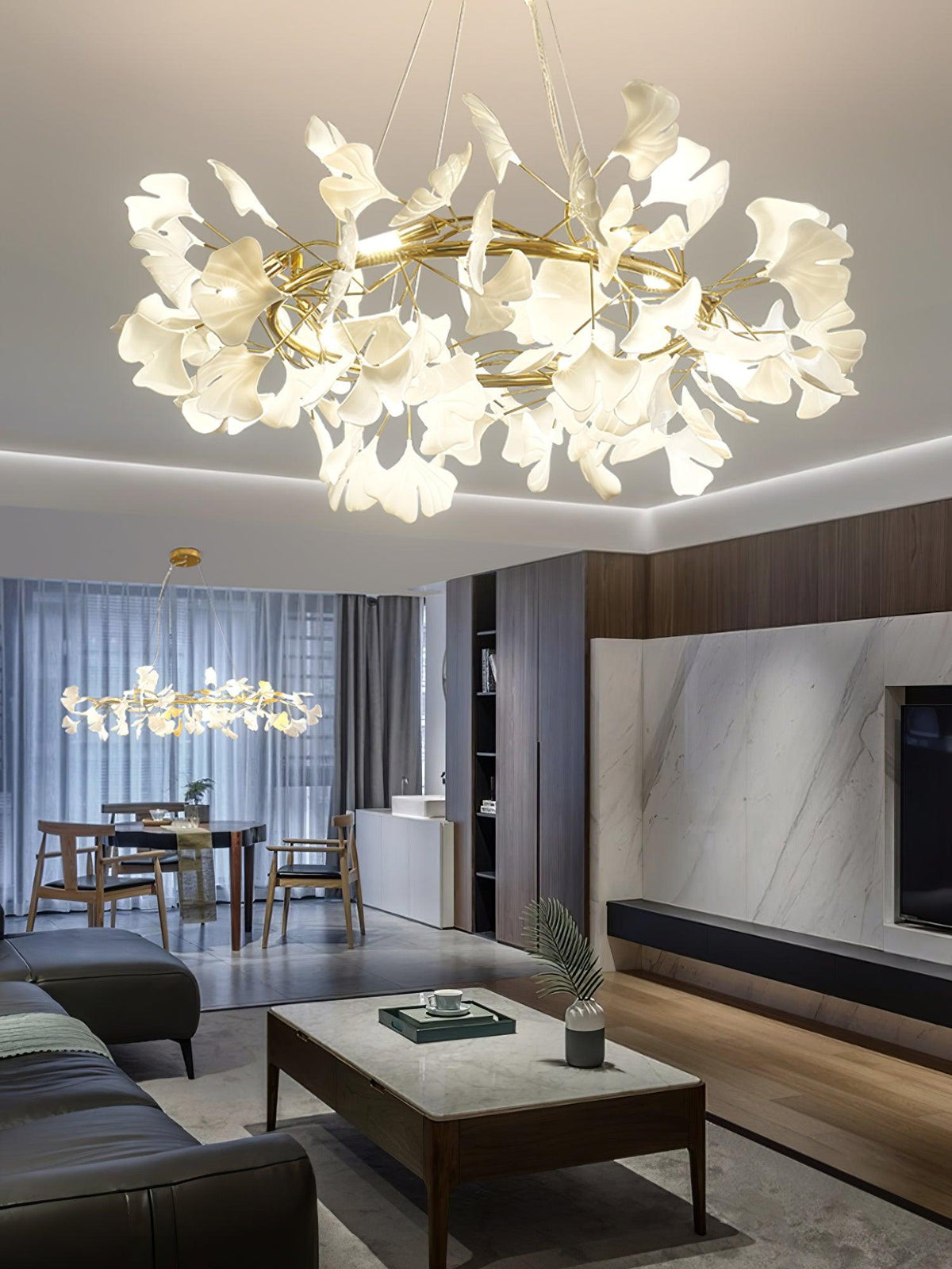 Chandelier Metal Frame Ceramic Gingko White Gold Shade Modern Art-Neutral Decor