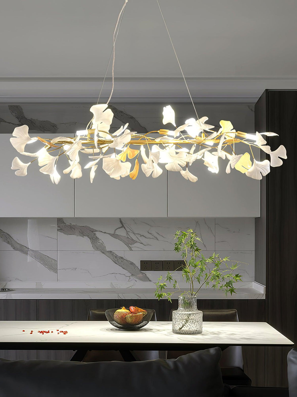 Chandelier Metal Frame Ceramic Gingko White Gold Shade Modern Art-Neutral Decor