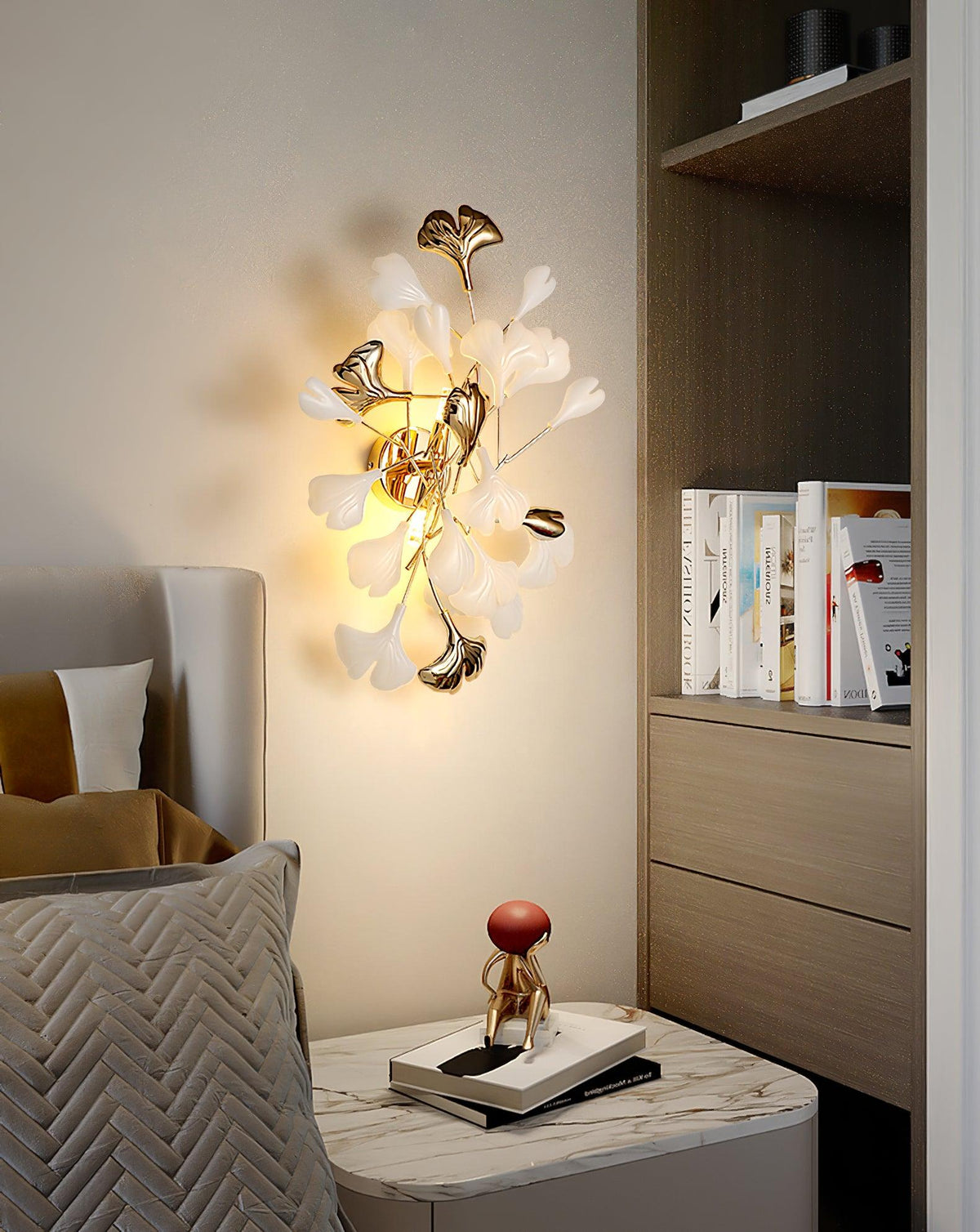 Wall Lamp Gingko Ceramic Petal Shades Gold Art Nouveau-Neutral Decor