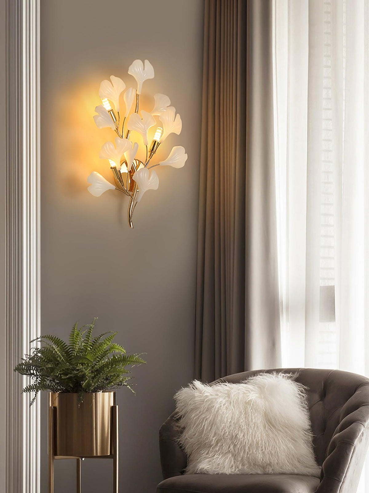 Wall Lamp Gingko Ceramic Petal Shades Gold Art Nouveau-Neutral Decor