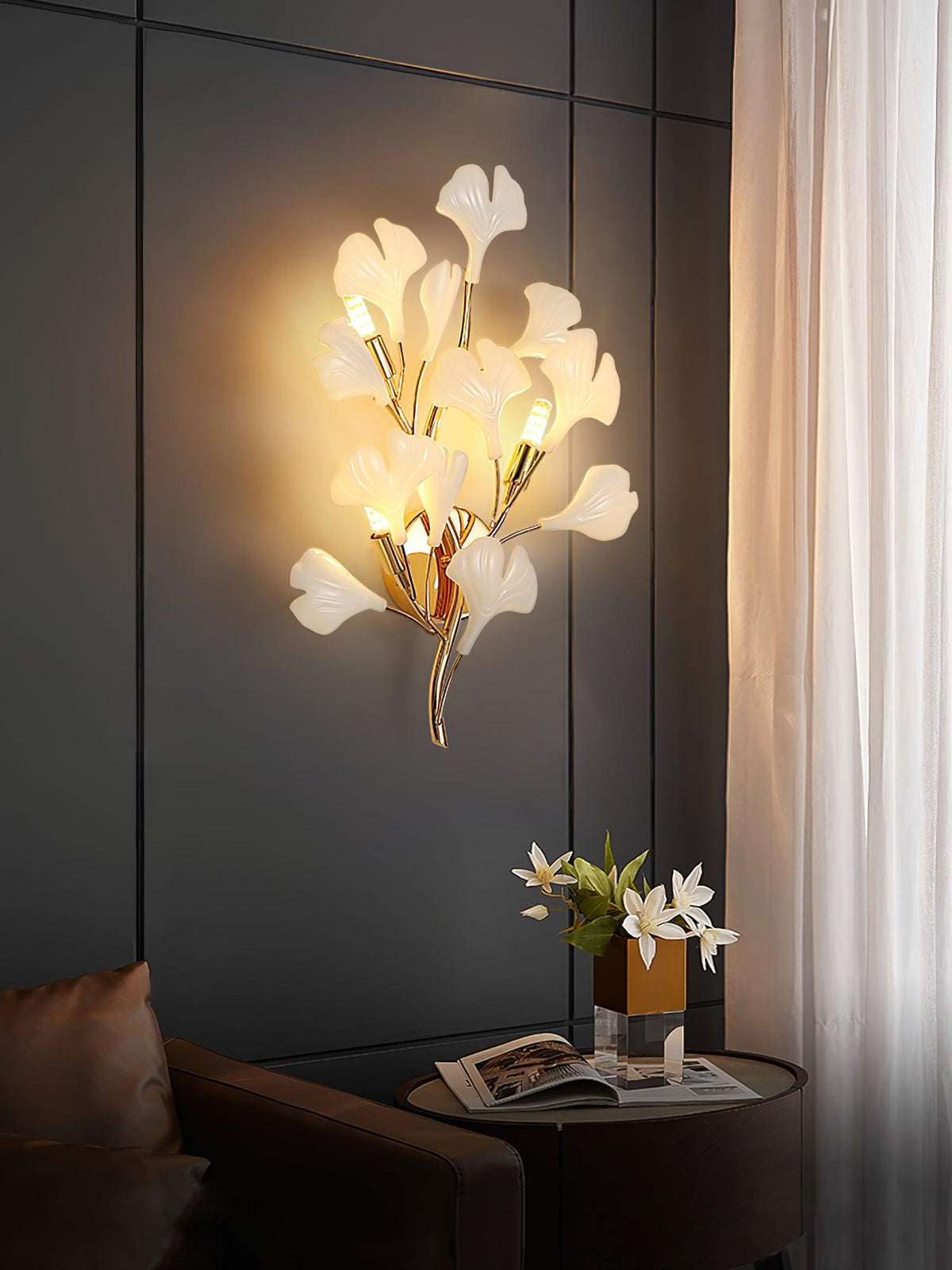 Wall Lamp Gingko Ceramic Petal Shades Gold Art Nouveau-Neutral Decor