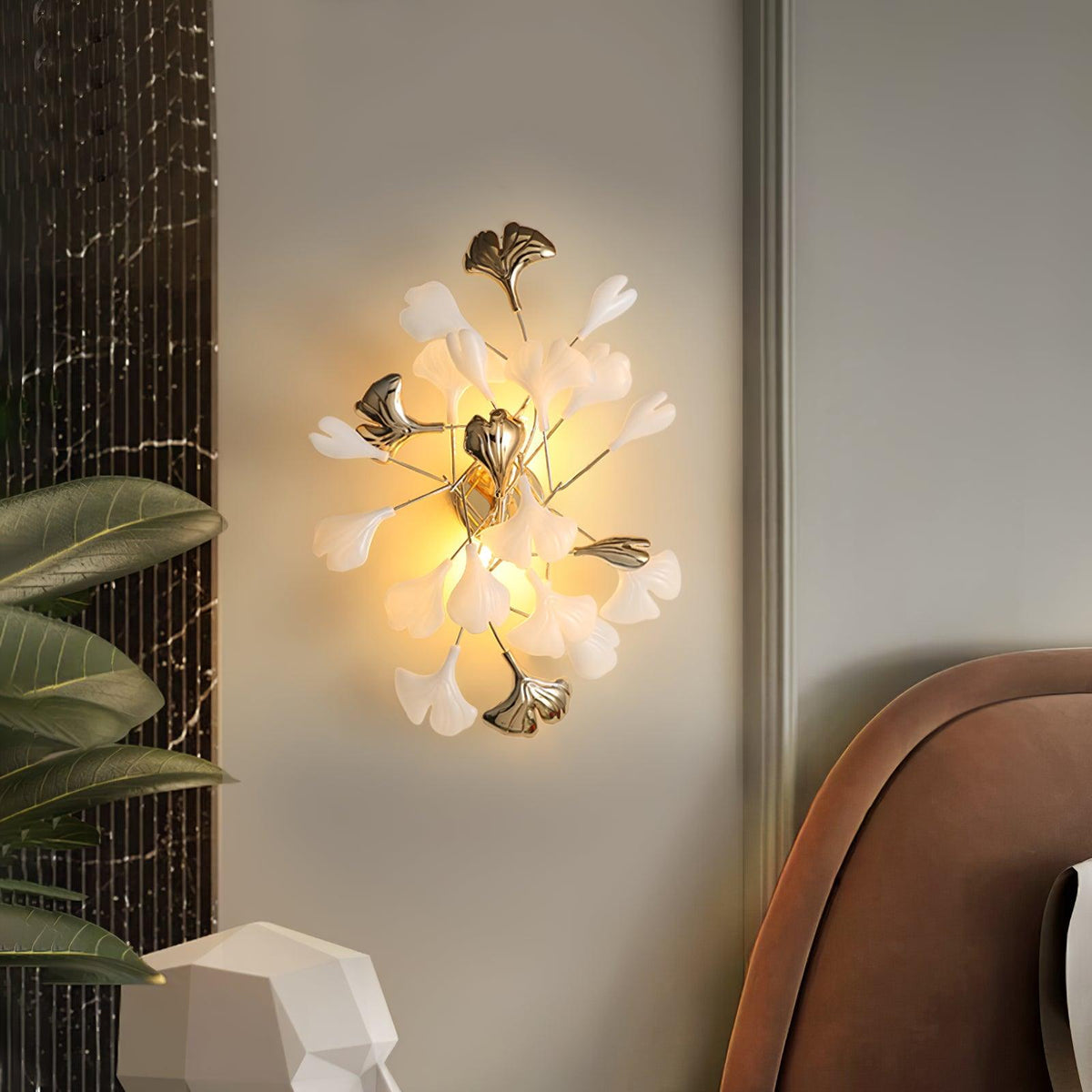Wall Lamp Gingko Ceramic Petal Shades Gold Art Nouveau-Neutral Decor