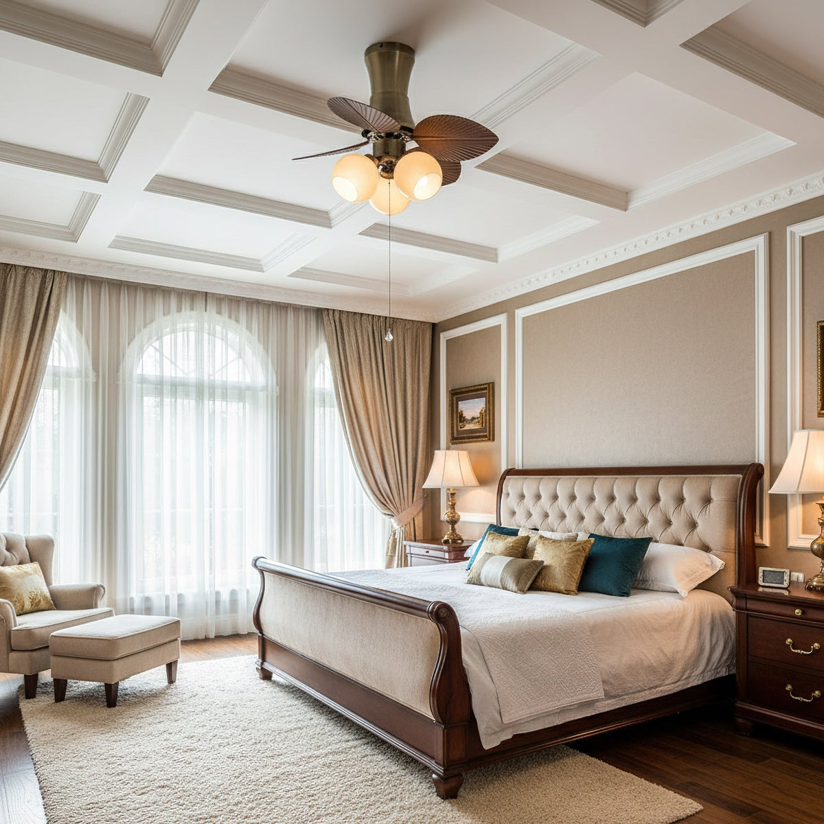 Angled view of the Glauk Ceiling Fan with Walnut finish blades.