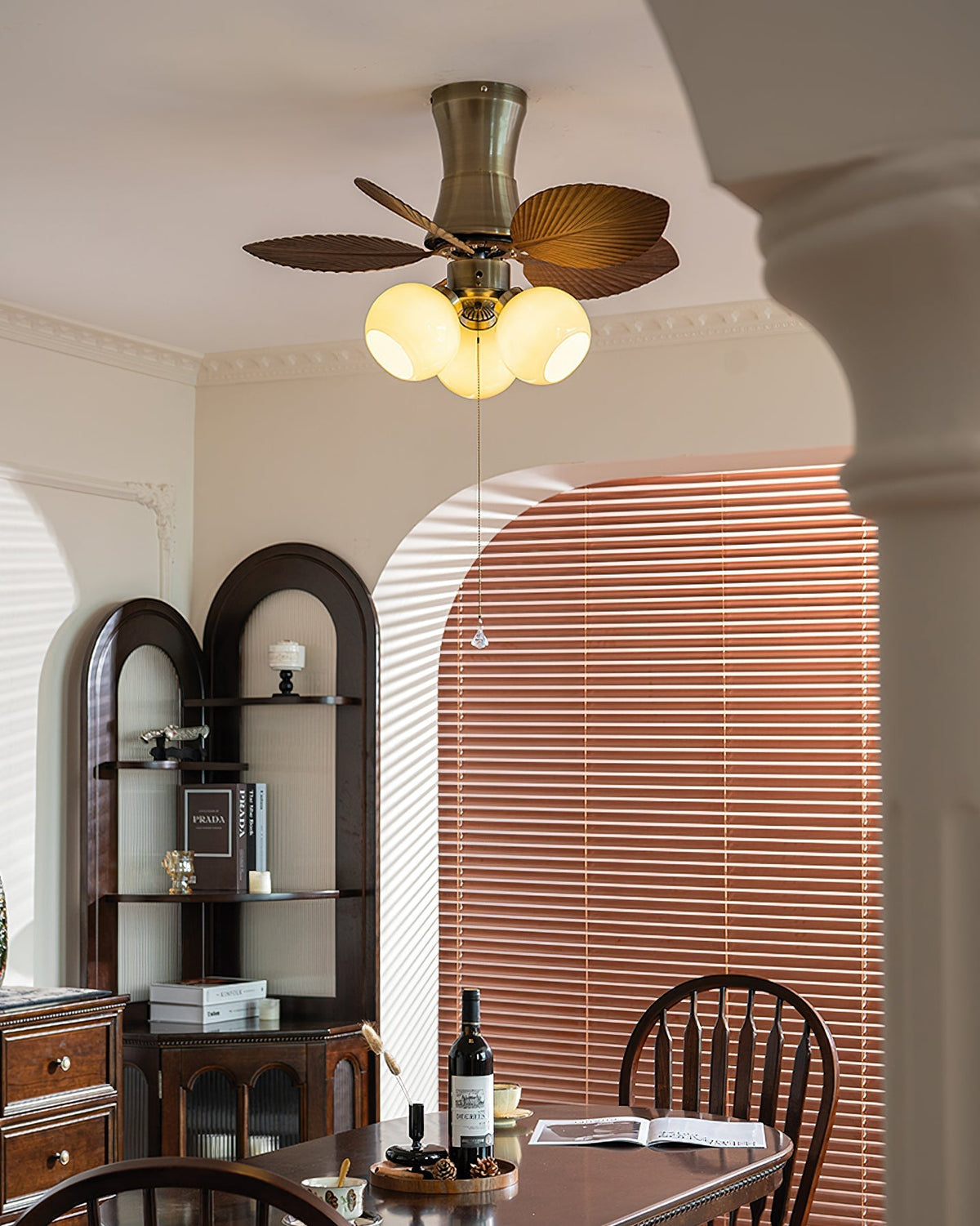 Glauk Ceiling Fan Light with Walnut finish against a white ceiling.