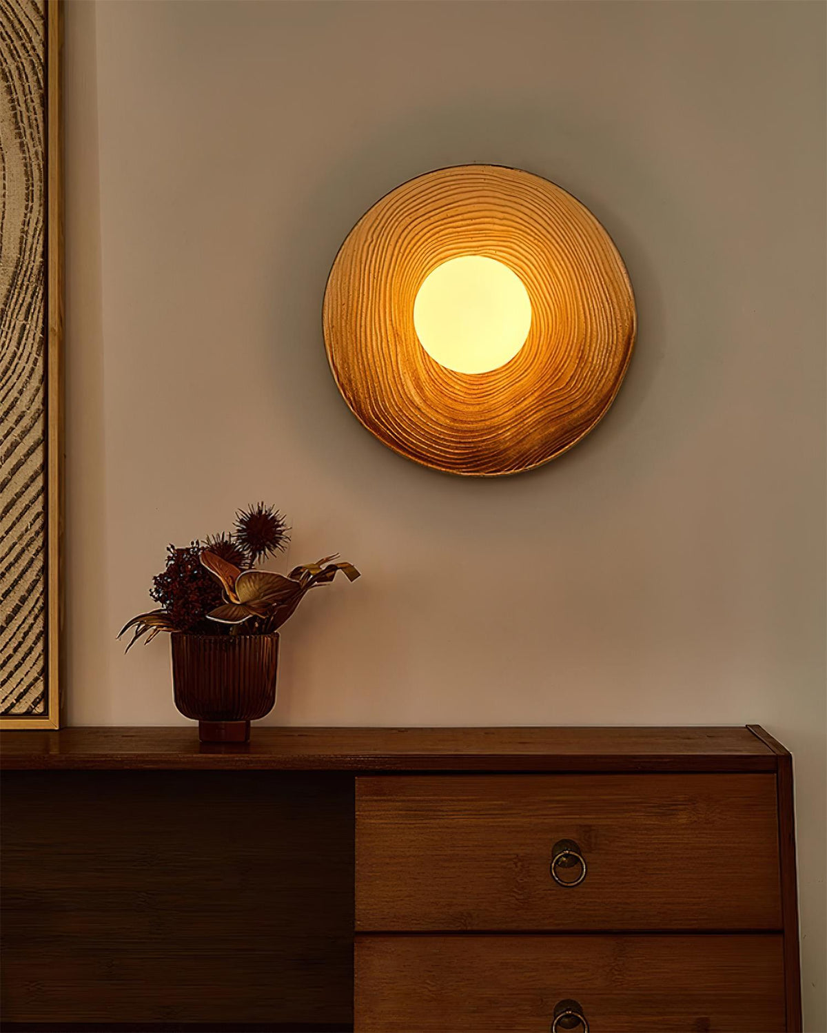 Wall Lamp Textured Ceramic Disc Wood Accent Modern Entryways-Neutral Decor