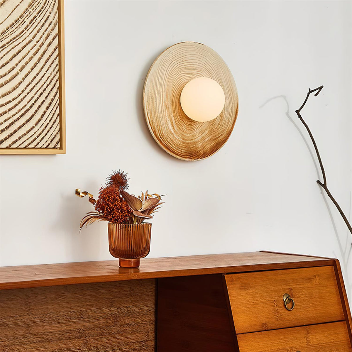 Wall Lamp Textured Ceramic Disc Wood Accent Modern Entryways-Neutral Decor