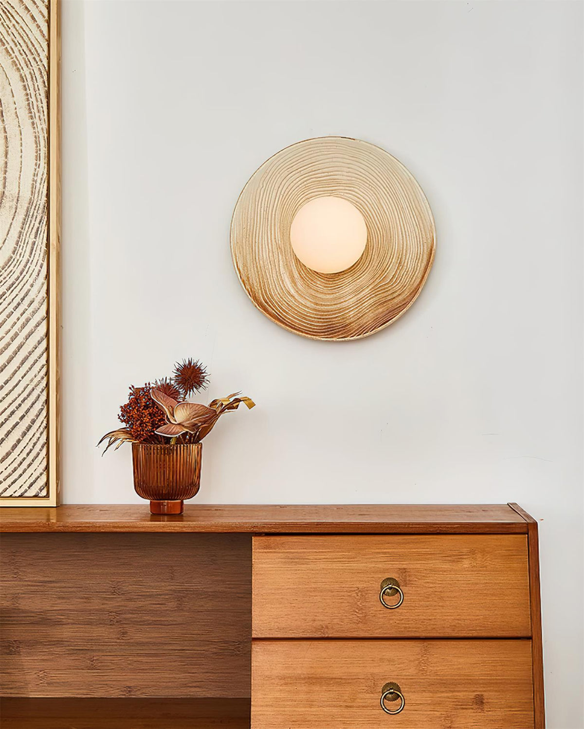 Wall Lamp Textured Ceramic Disc Wood Accent Modern Entryways-Neutral Decor