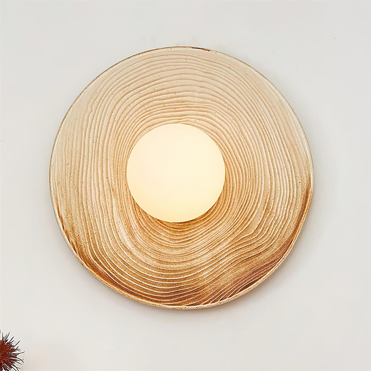 Wall Lamp Textured Ceramic Disc Wood Accent Modern Entryways-Neutral Decor