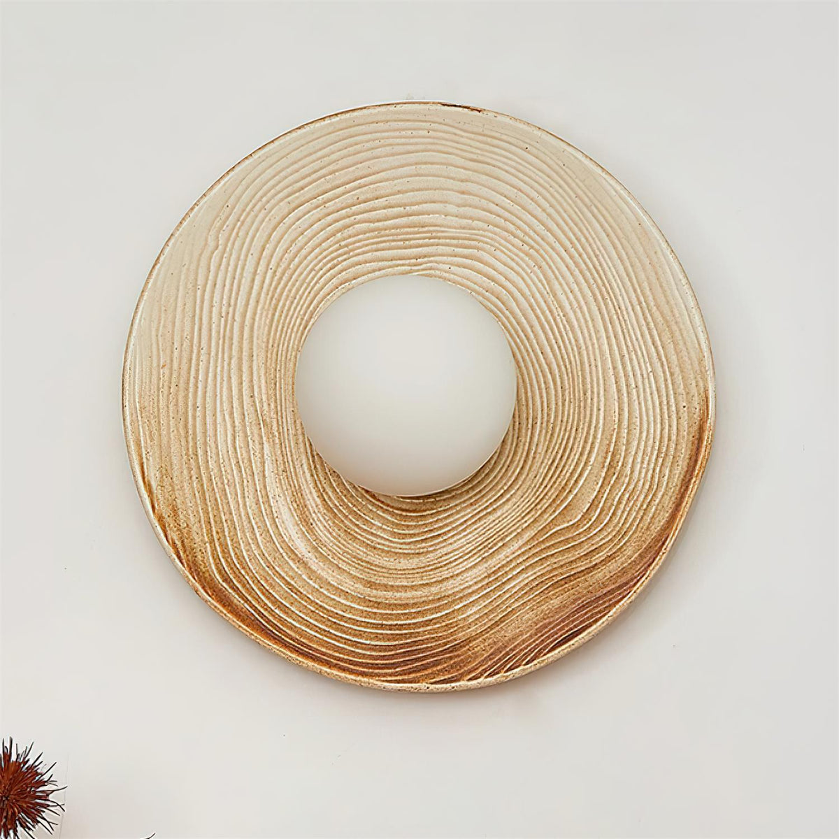 Wall Lamp Textured Ceramic Disc Wood Accent Modern Entryways-Neutral Decor