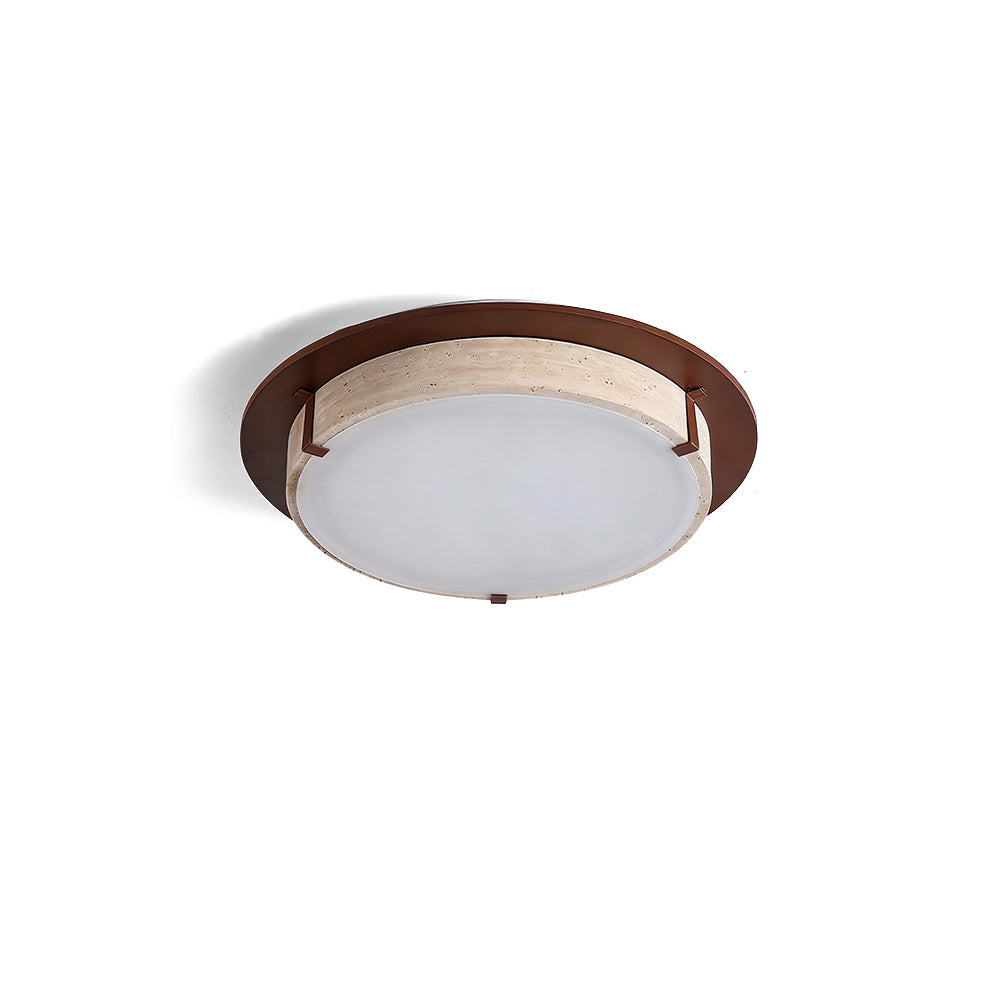 Goeco Ceiling Light in travertine and wood, front view.