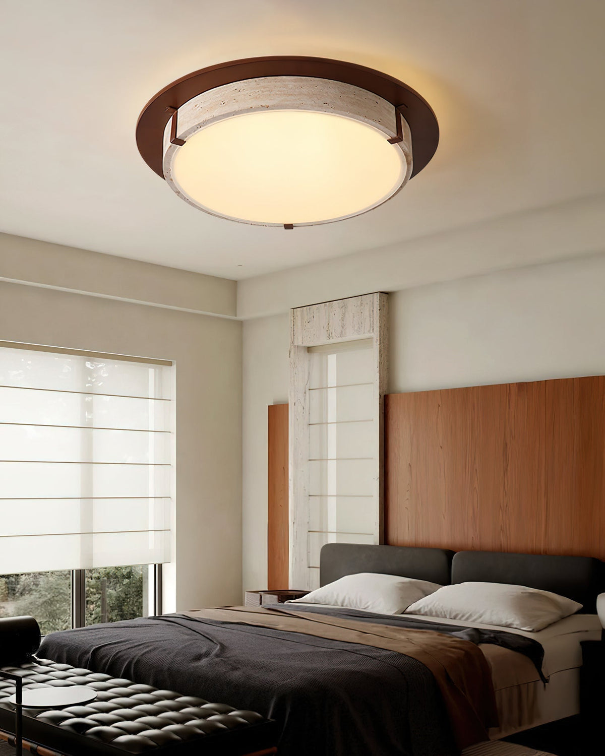 Detail shot highlighting the warm walnut wood accent of the fixture.