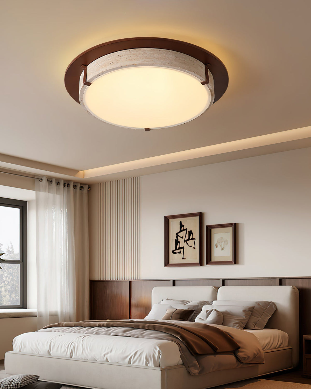 Close-up detail of the natural travertine stone on the Goeco light.