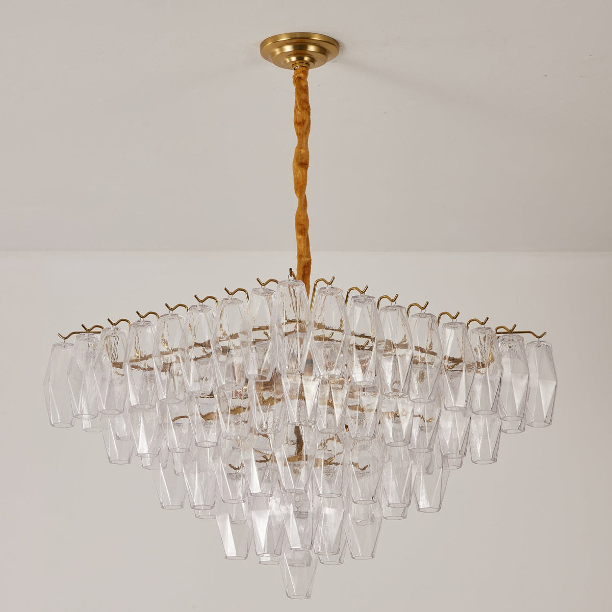 View of the chandelier from below, showing the inverted pyramid shape.