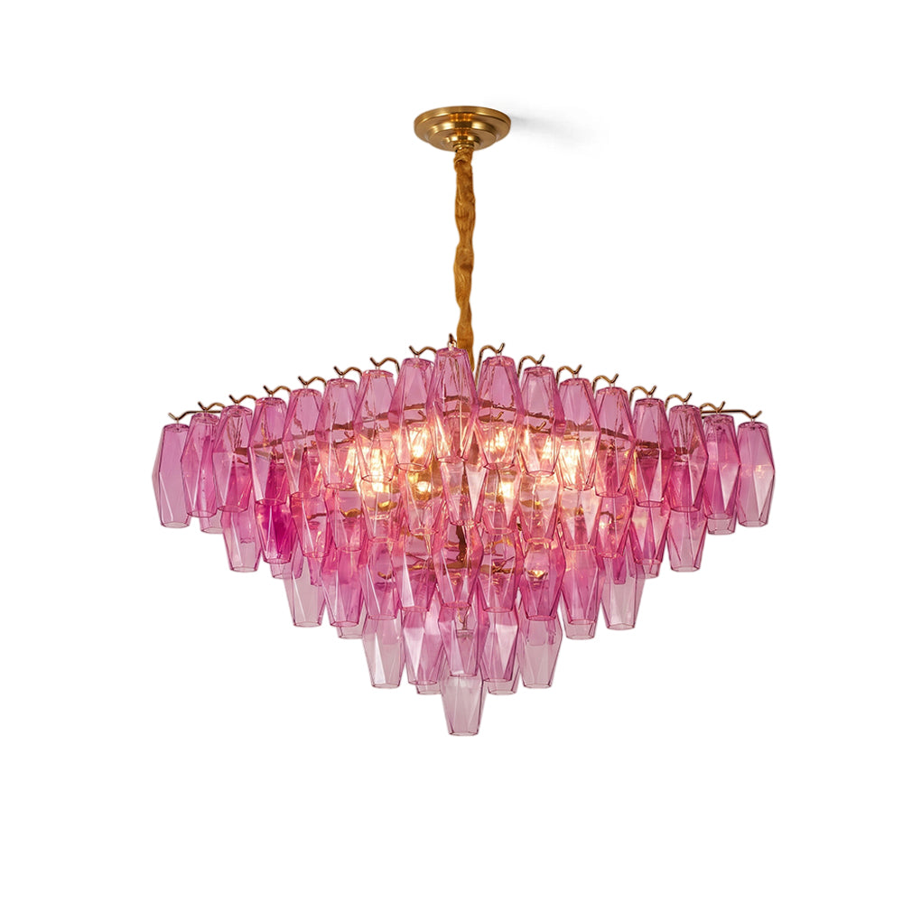 The chandelier casting intricate light patterns on the ceiling.