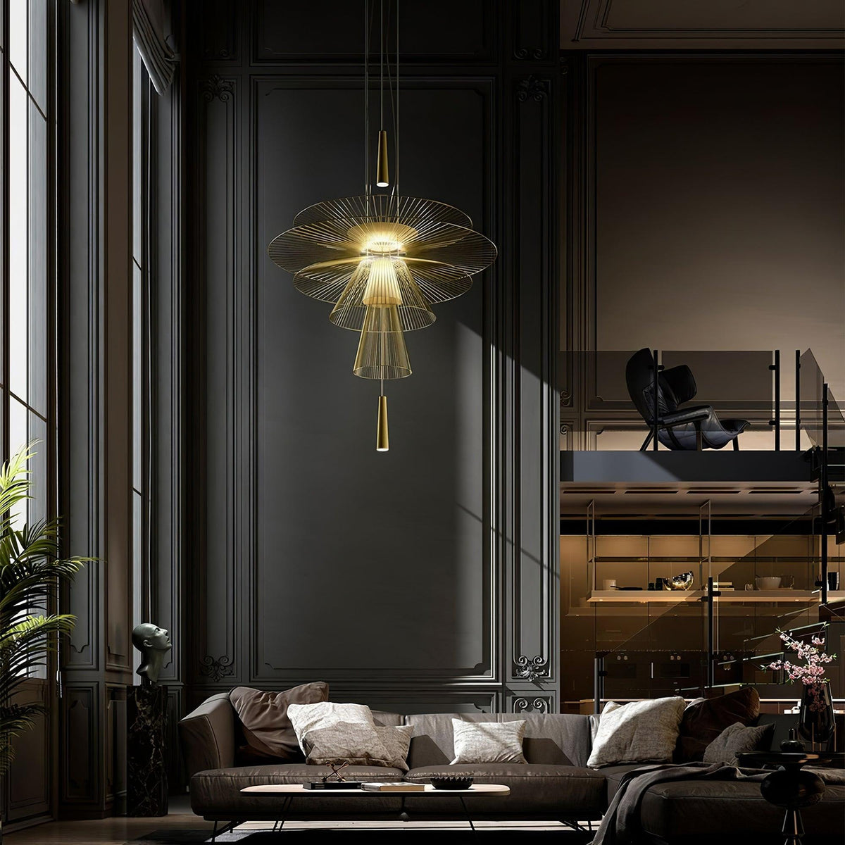 Chandelier Sculptural Layered Wire Frame Statement Bold Modern Centerpiece-Neutral Decor