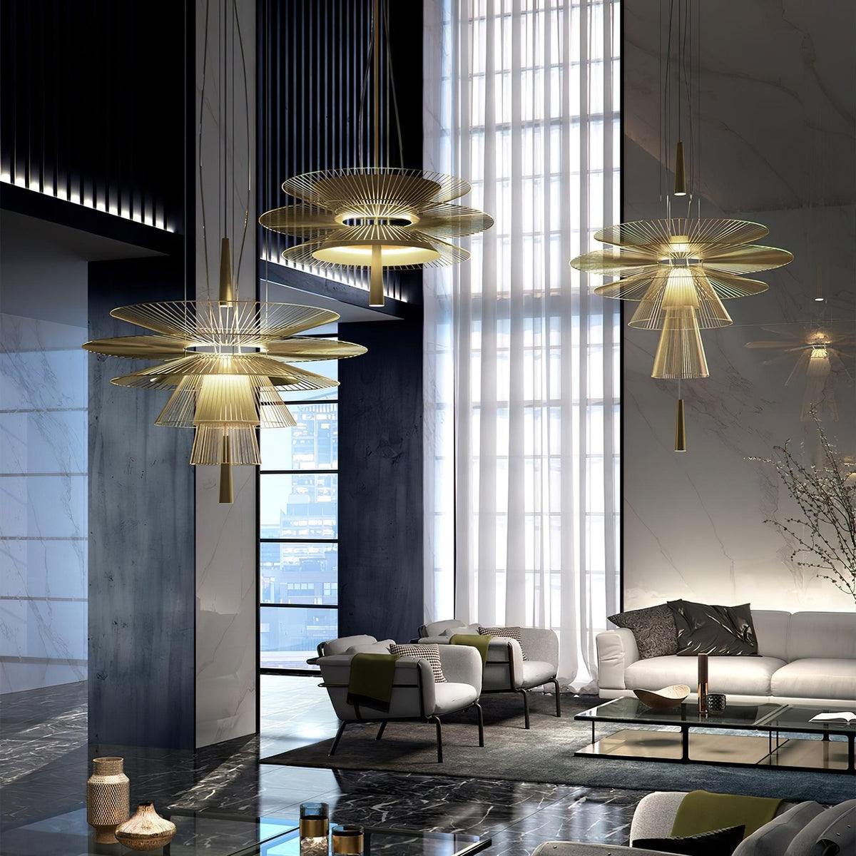 Chandelier Sculptural Layered Wire Frame Statement Bold Modern Centerpiece-Neutral Decor