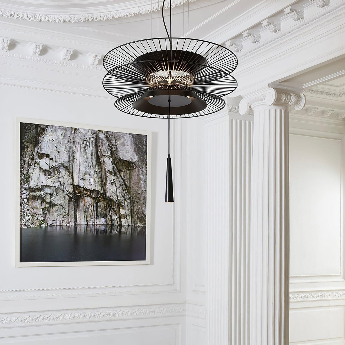 Chandelier Sculptural Layered Wire Frame Statement Bold Modern Centerpiece-Neutral Decor