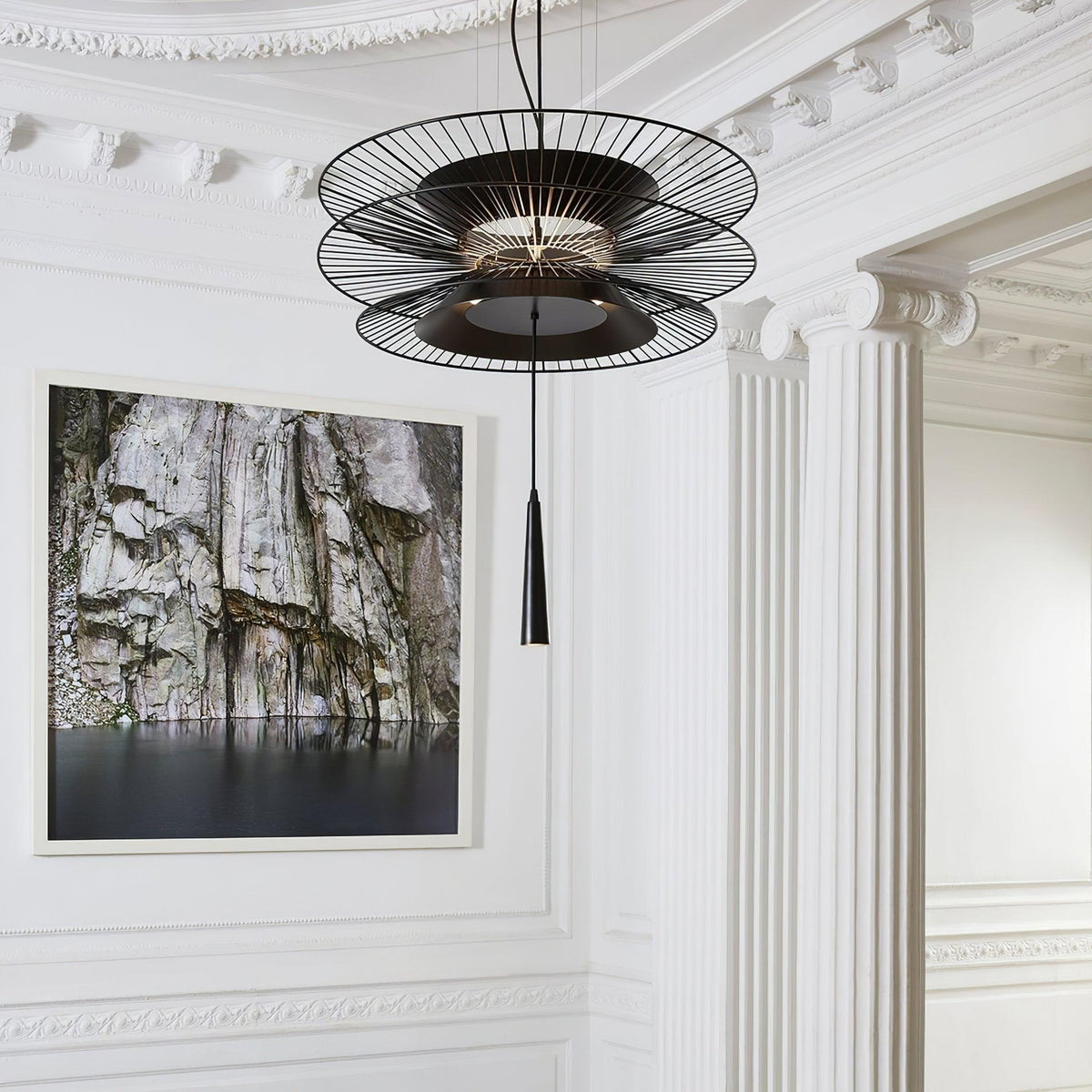Chandelier Sculptural Layered Wire Frame Statement Bold Modern Centerpiece-Neutral Decor