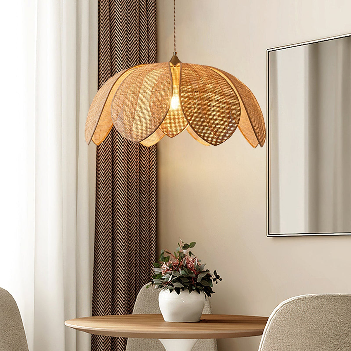 Close-up view of the Hanove Pendant Light's woven rattan shade.