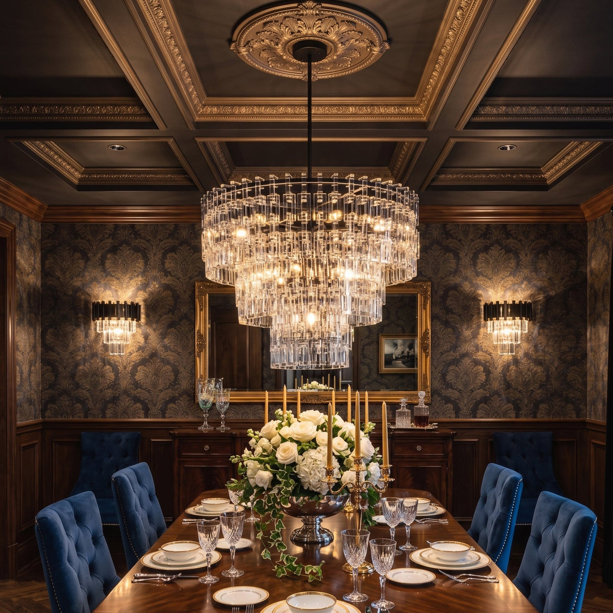 Close-up view of the cascading geometric crystal prisms on the Harlow Chandelier.