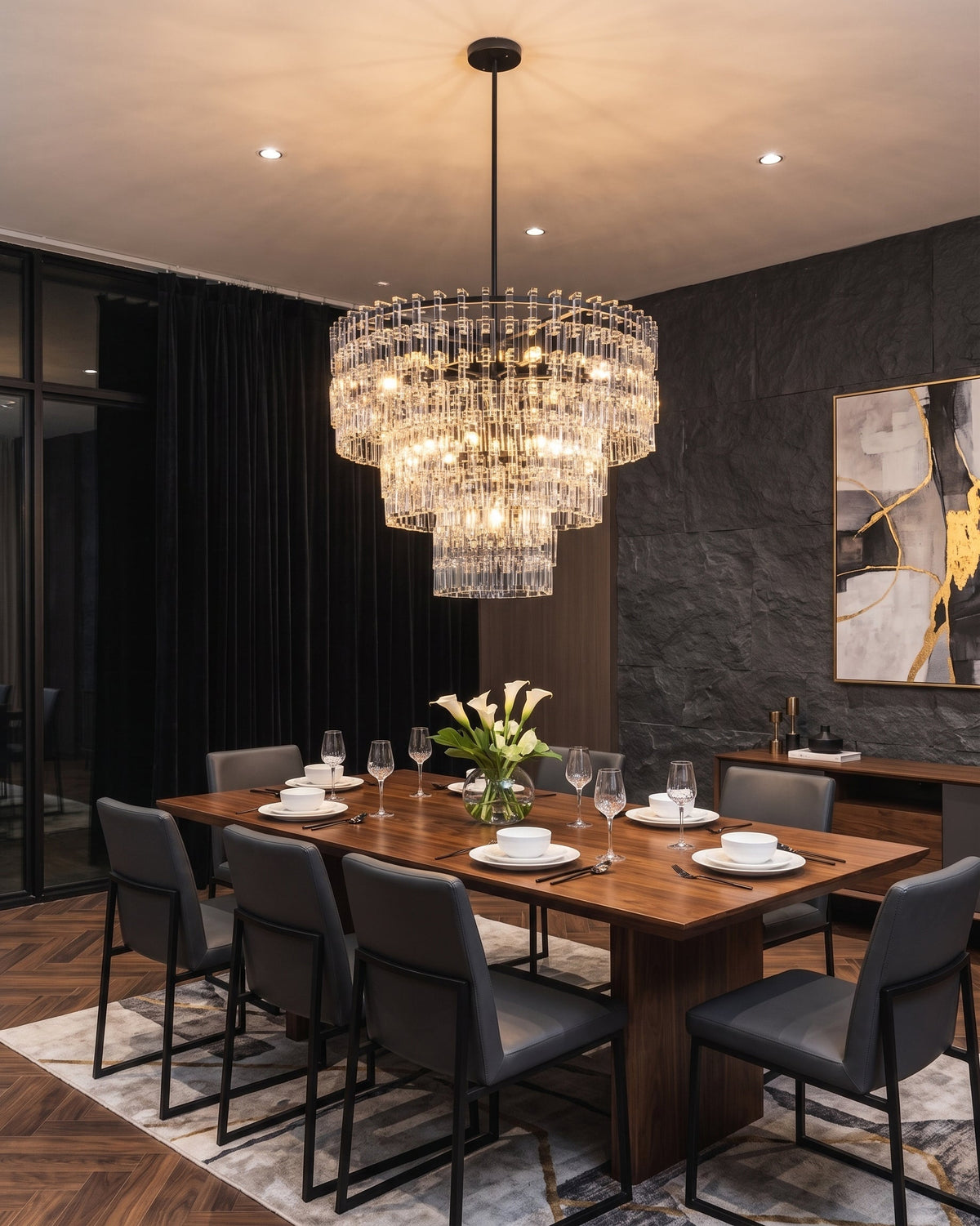The Harlow Chandelier as a focal point in a double-height entryway.