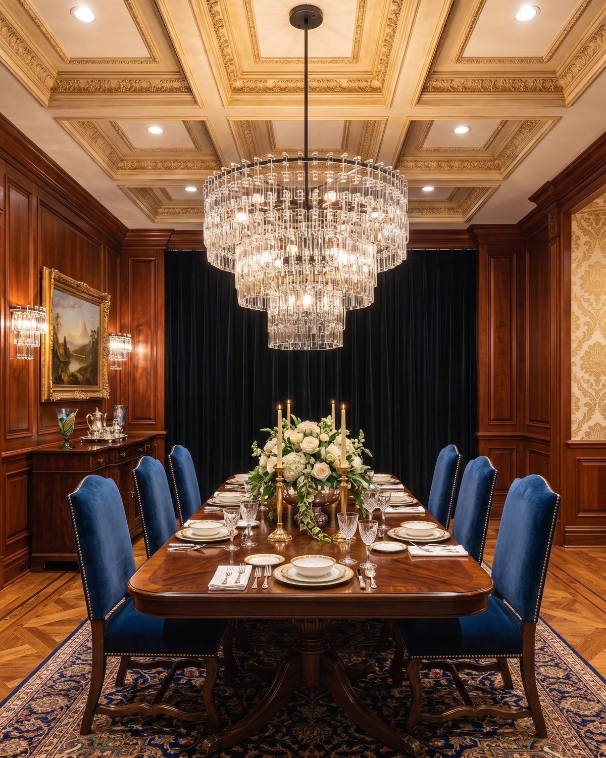 The chandelier illuminating a formal dining area.