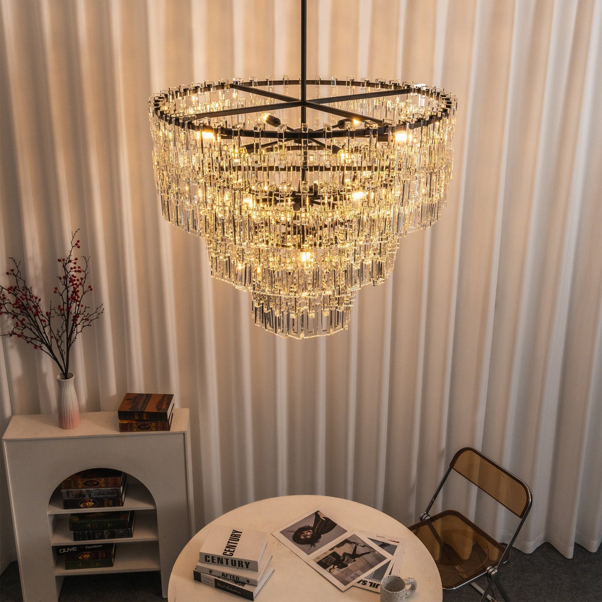 The dense matrix of crystal prisms on the Harlow Chandelier.
