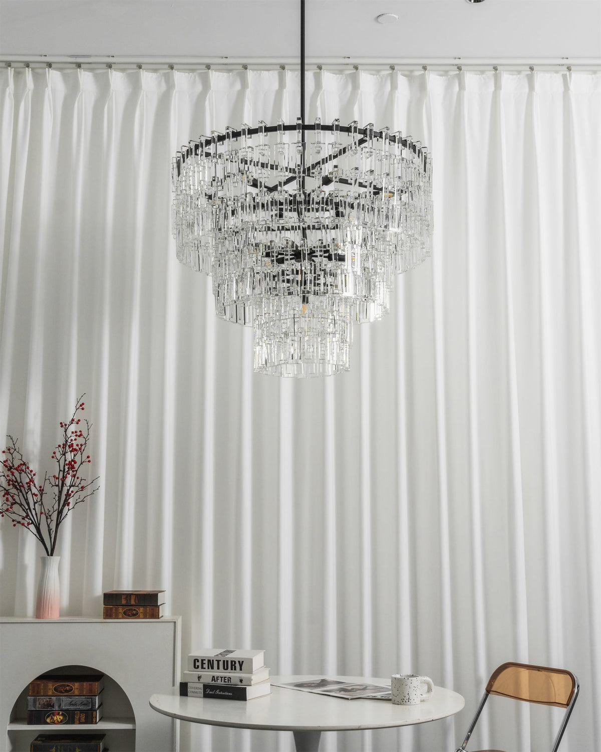 Another angle of the Harlow Chandelier over a dining table.