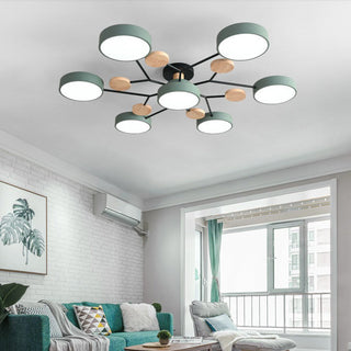 Arisha Plafonnier Rond Moderne, Métal/Bois, Blanc/Vert/Gris, Salon