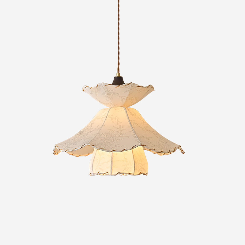 Pendant Lamp Scalloped Layered Fabric Shade Wood Minimalist-Neutral Decor