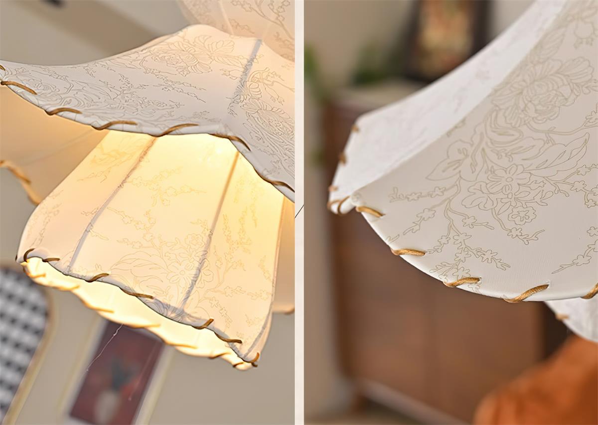 Pendant Lamp Scalloped Layered Fabric Shade Wood Minimalist-Neutral Decor