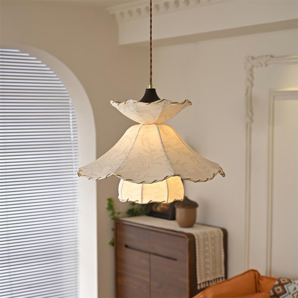 Pendant Lamp Scalloped Layered Fabric Shade Wood Minimalist-Neutral Decor