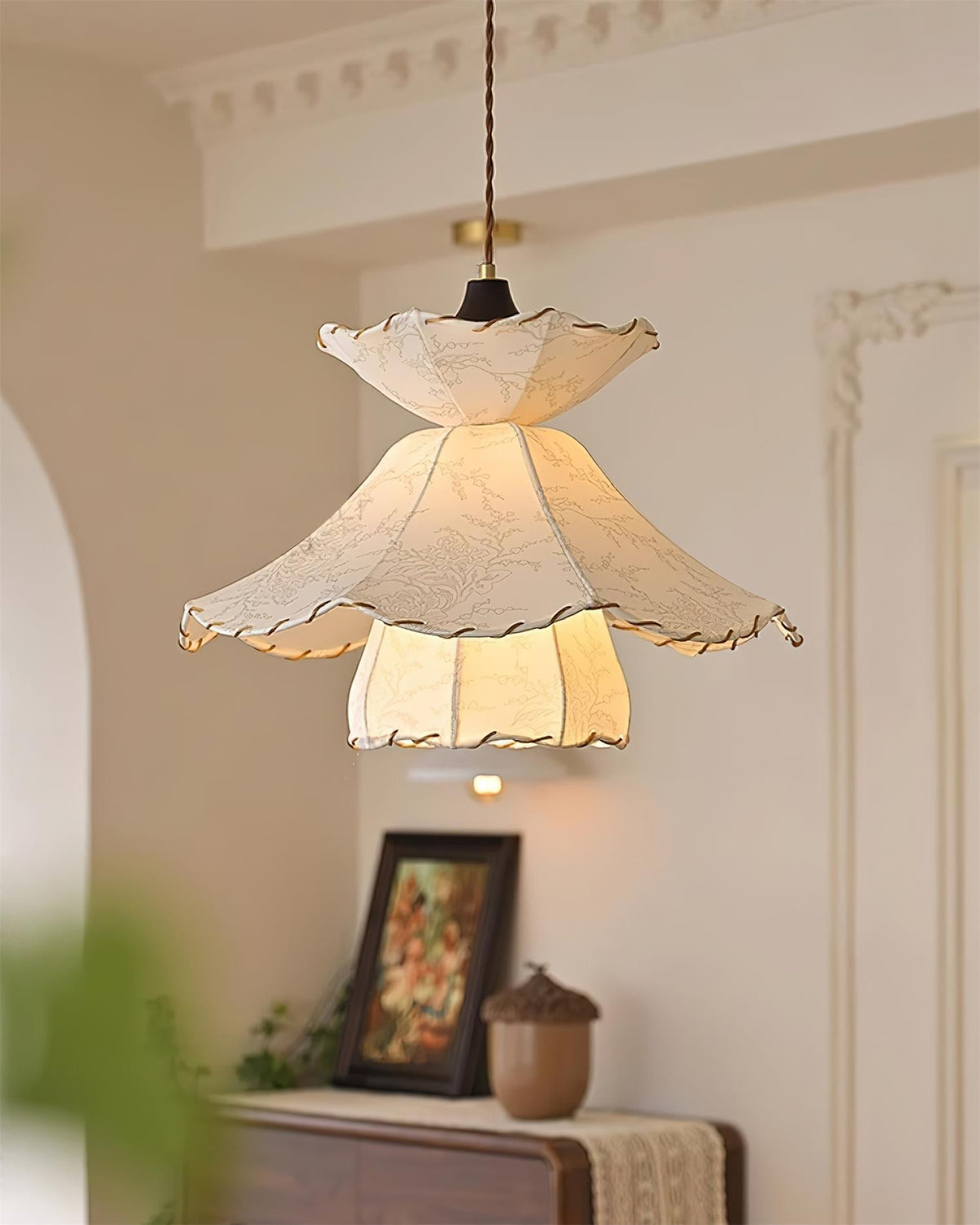 Pendant Lamp Scalloped Layered Fabric Shade Wood Minimalist-Neutral Decor