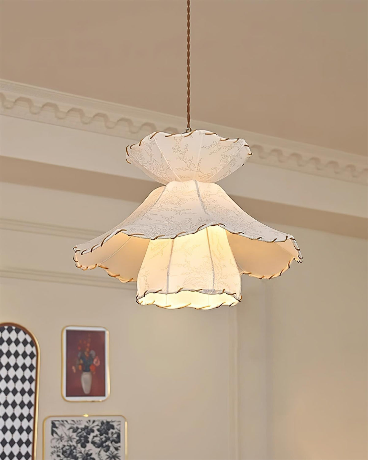 Pendant Lamp Scalloped Layered Fabric Shade Wood Minimalist-Neutral Decor