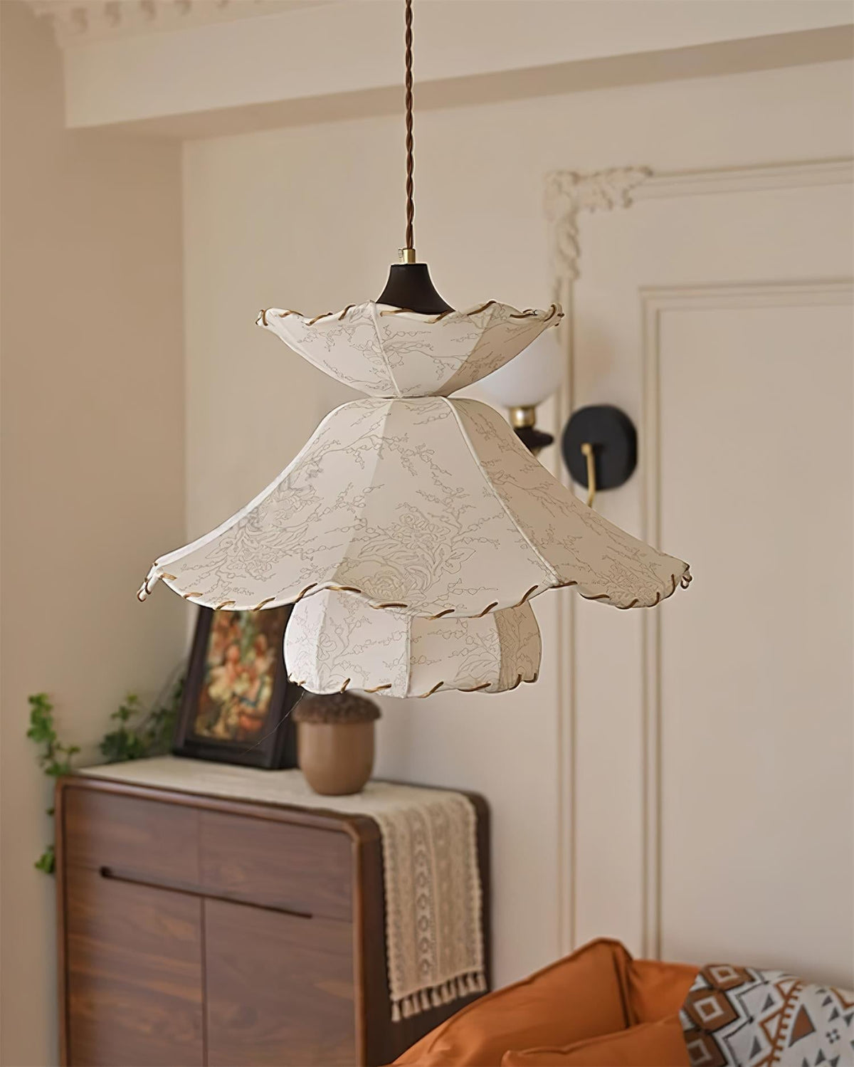 Pendant Lamp Scalloped Layered Fabric Shade Wood Minimalist-Neutral Decor