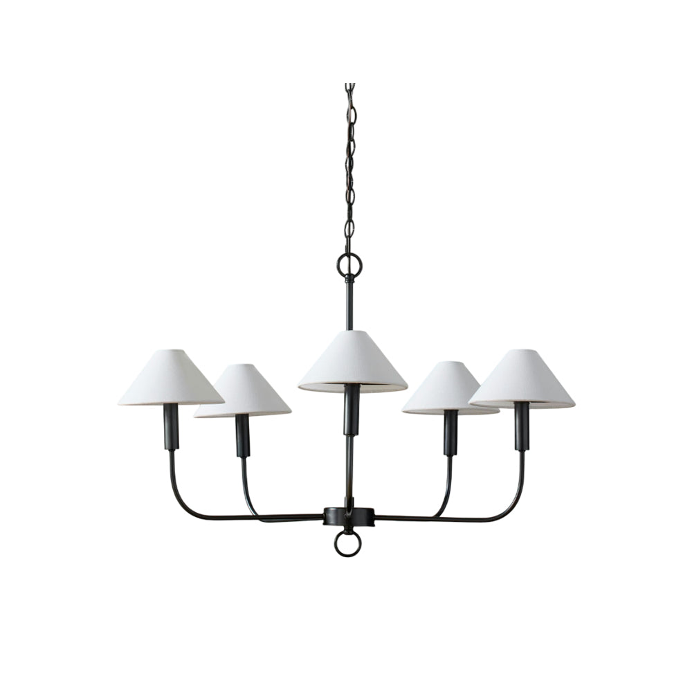 Henry Chandelier with black frame and white fabric shades.