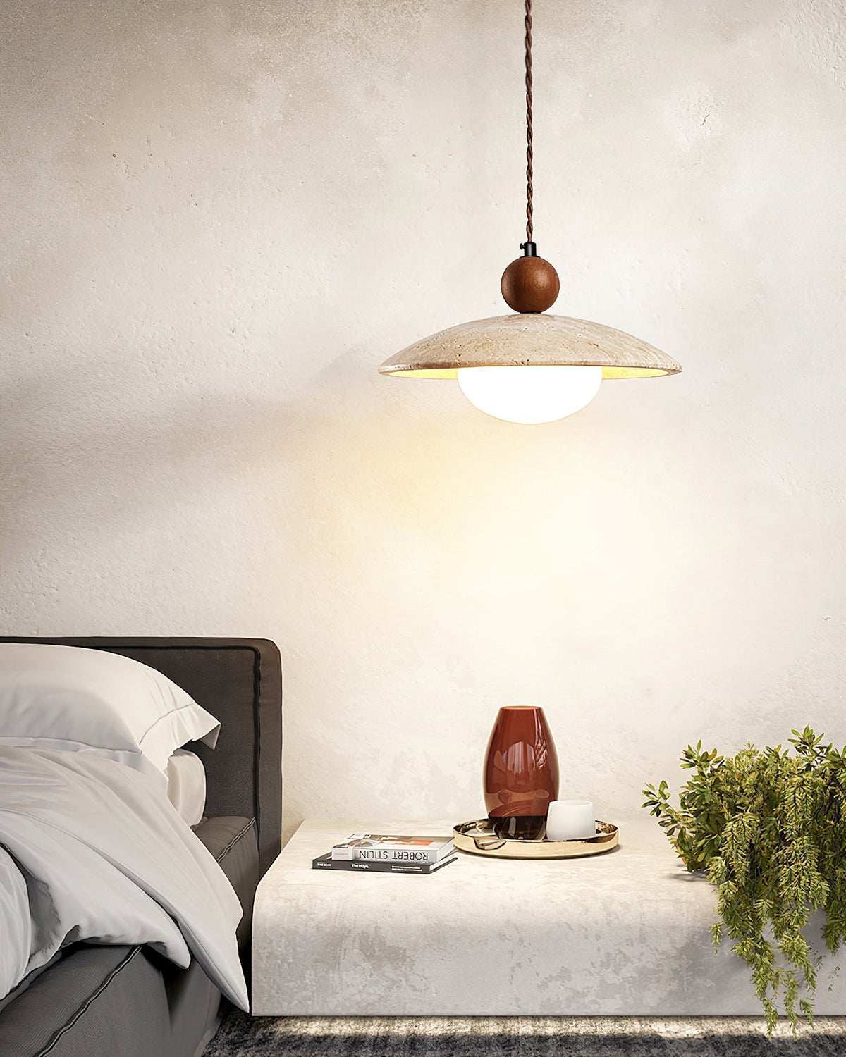 Travaro Travertine Pendant Light with Wooden Accent-Neutral Decor