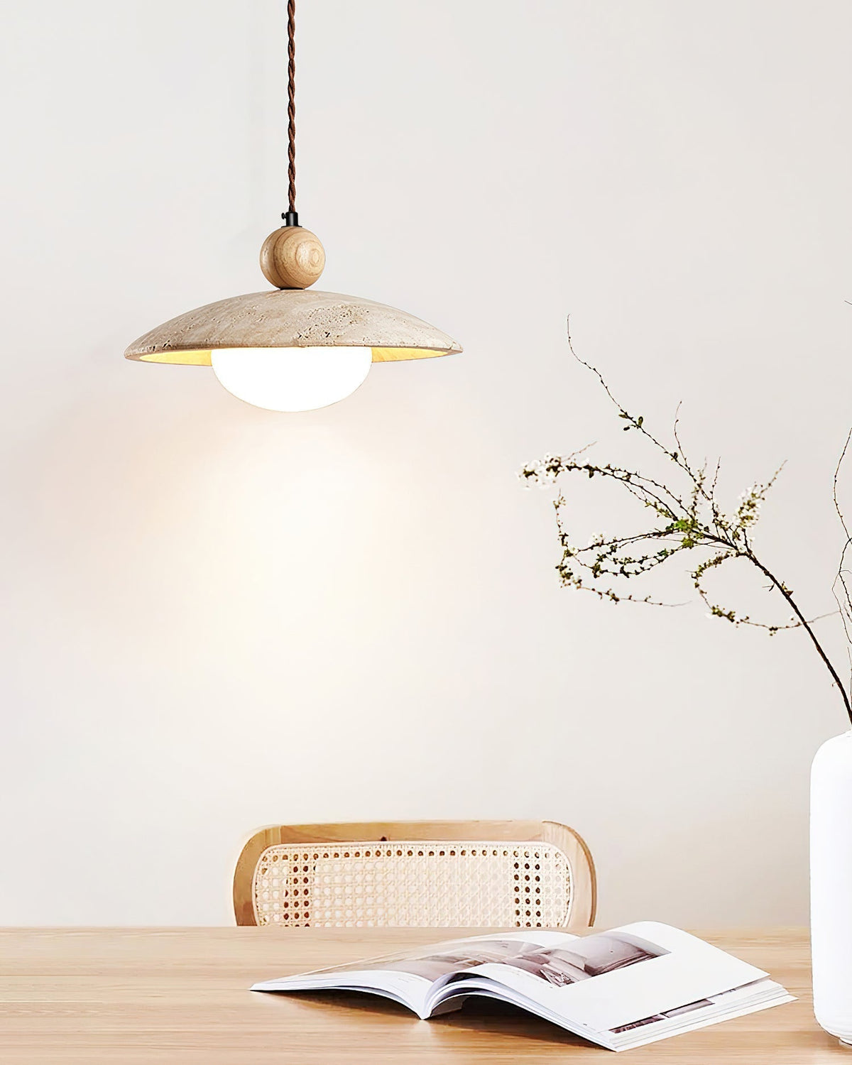 Travaro Travertine Pendant Light with Wooden Accent-Neutral Decor
