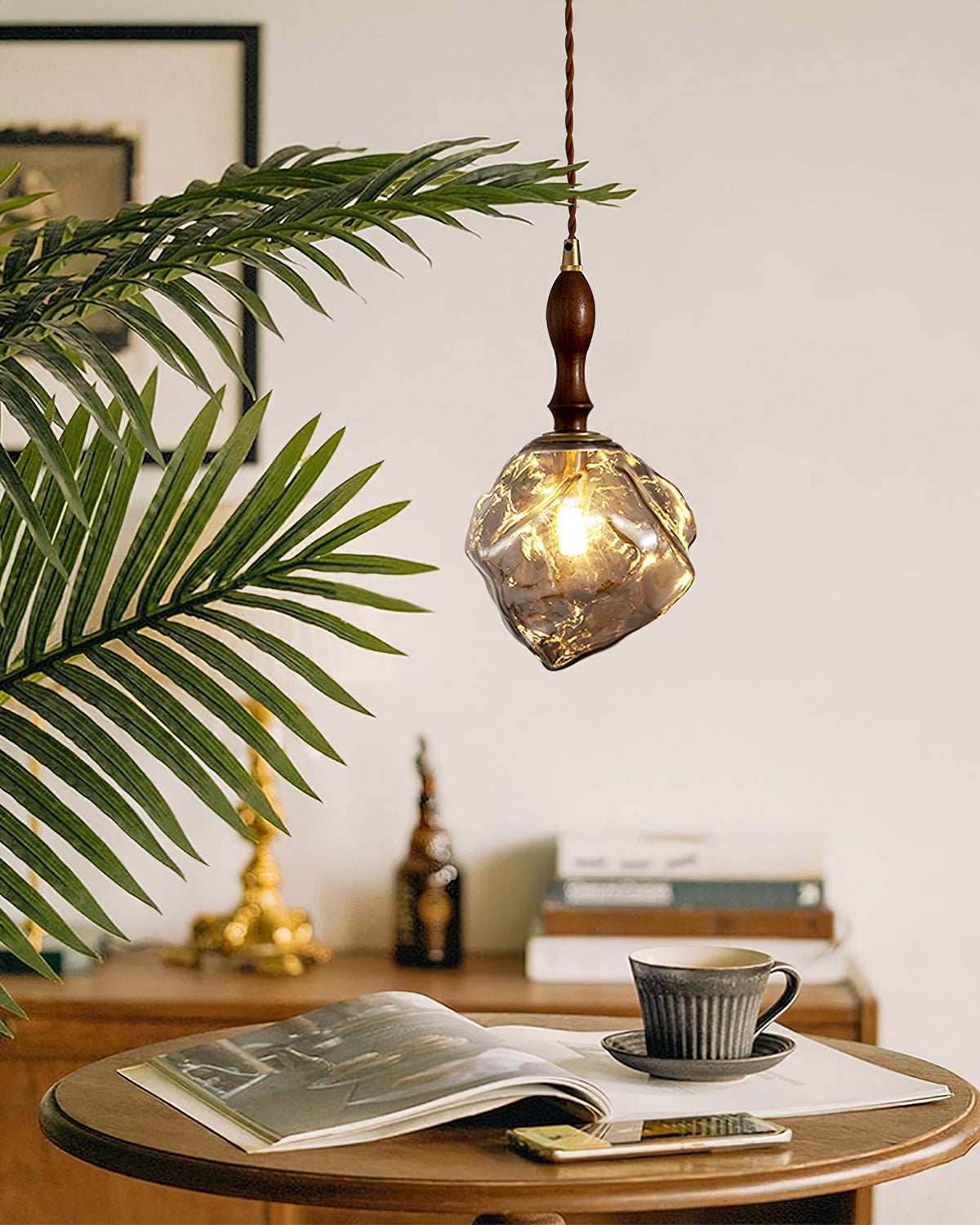 Pendant Light Walnut Wood Glass Cube-Neutral Decor