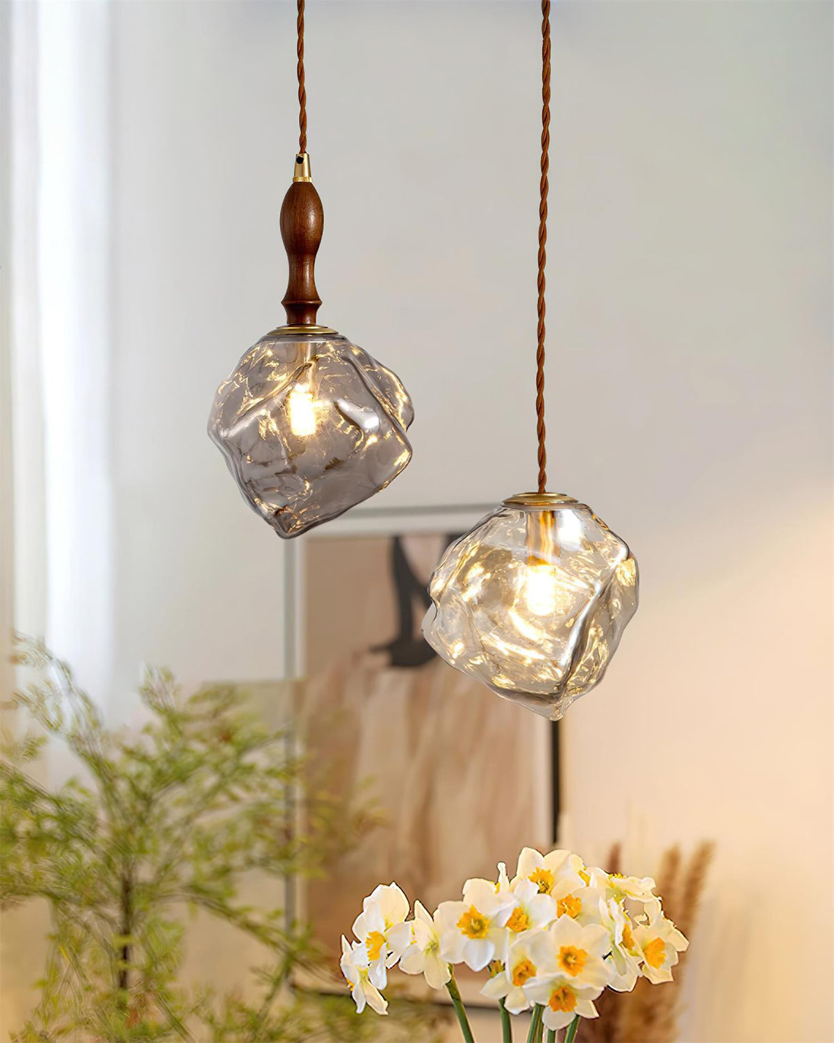 Pendant Light Walnut Wood Glass Cube-Neutral Decor