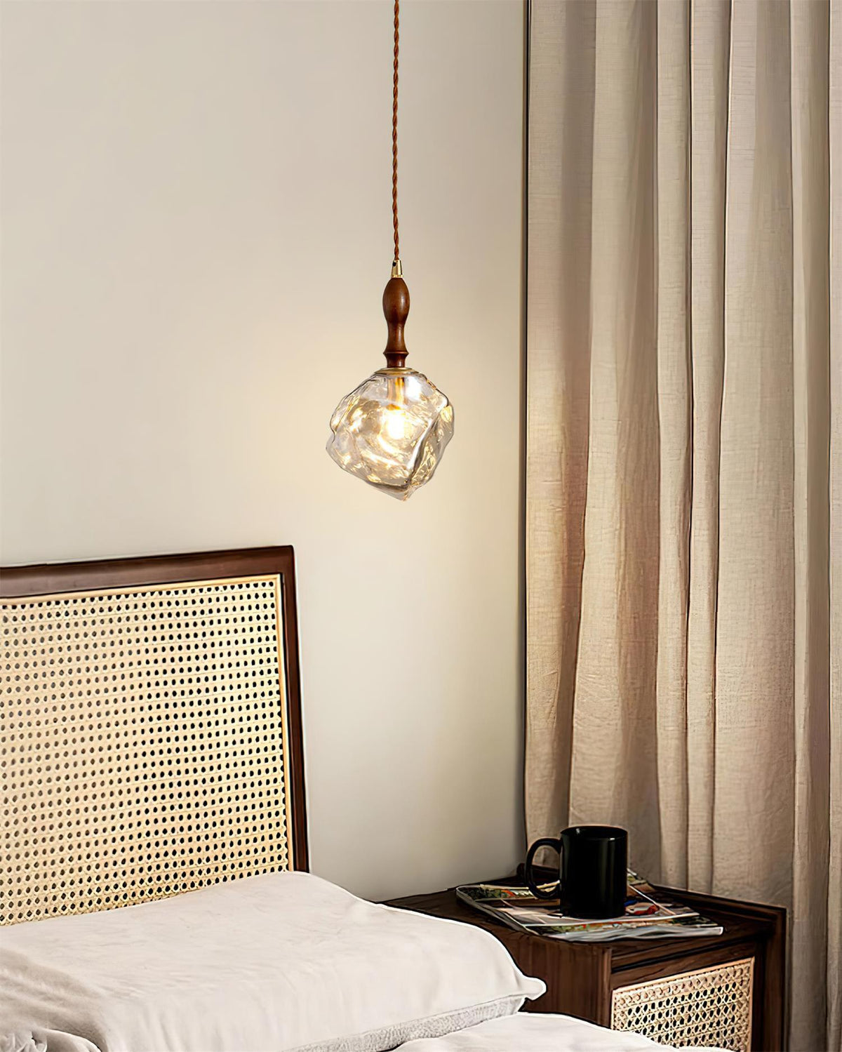 Pendant Light Walnut Wood Glass Cube-Neutral Decor