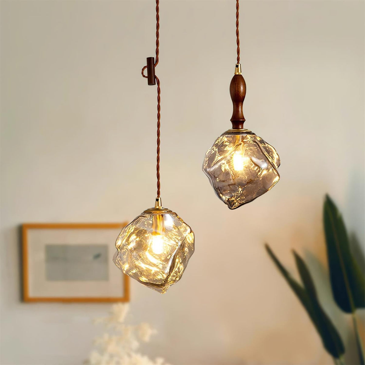 Pendant Light Walnut Wood Glass Cube-Neutral Decor