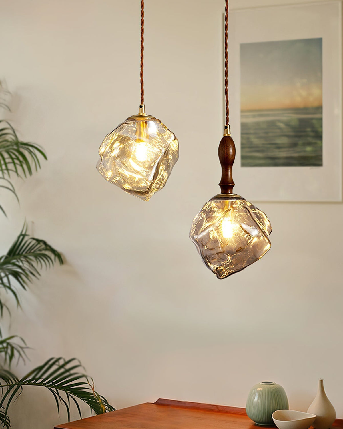 Pendant Light Walnut Wood Glass Cube-Neutral Decor