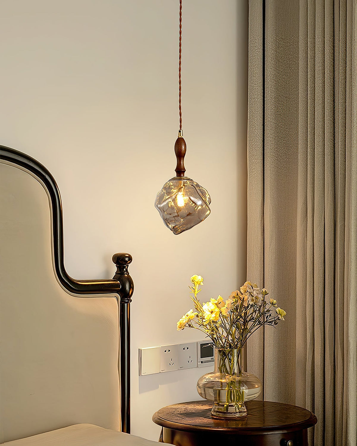 Pendant Light Walnut Wood Glass Cube-Neutral Decor
