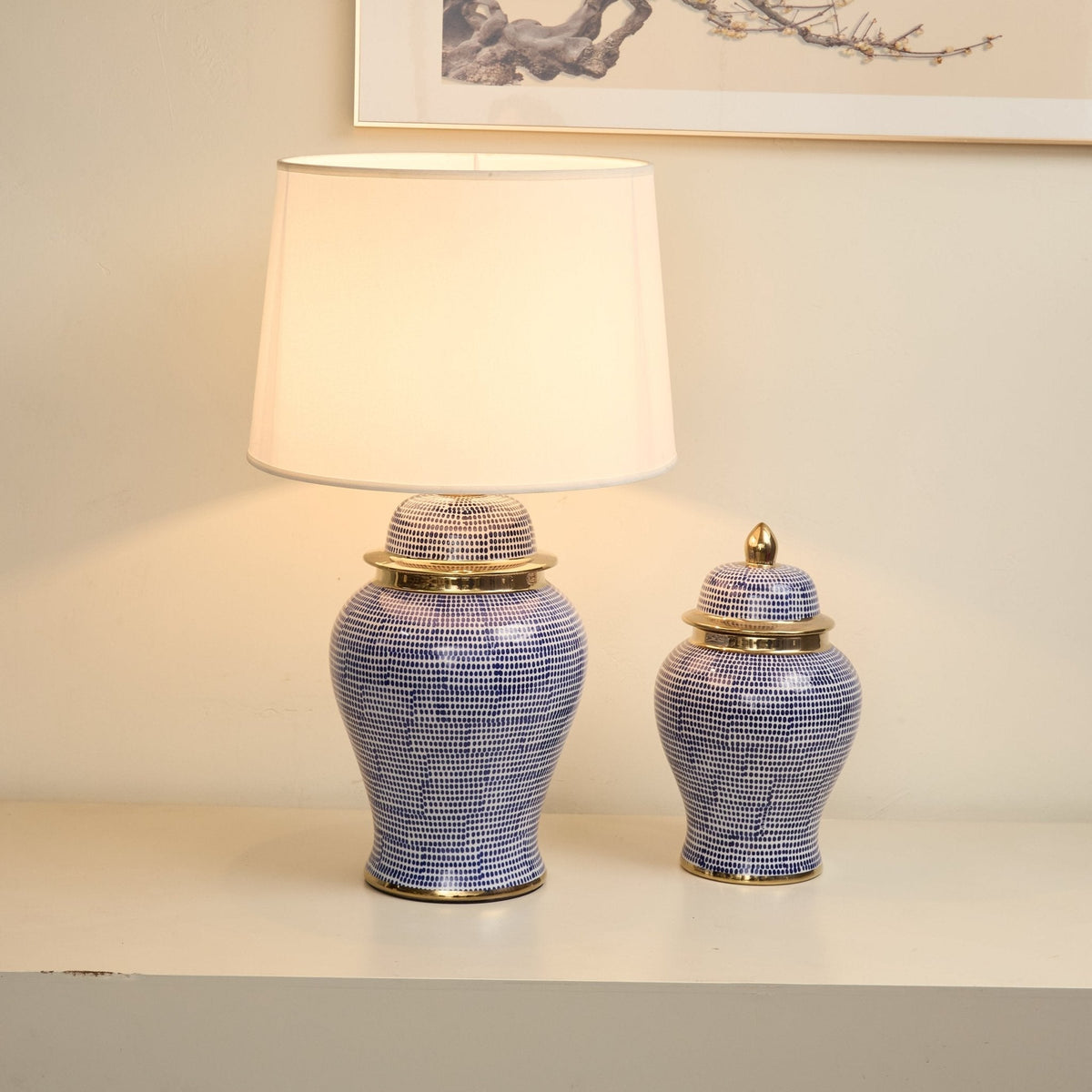 Indigo Dot Patterned Ceramic Table Lamp-Neutral Decor