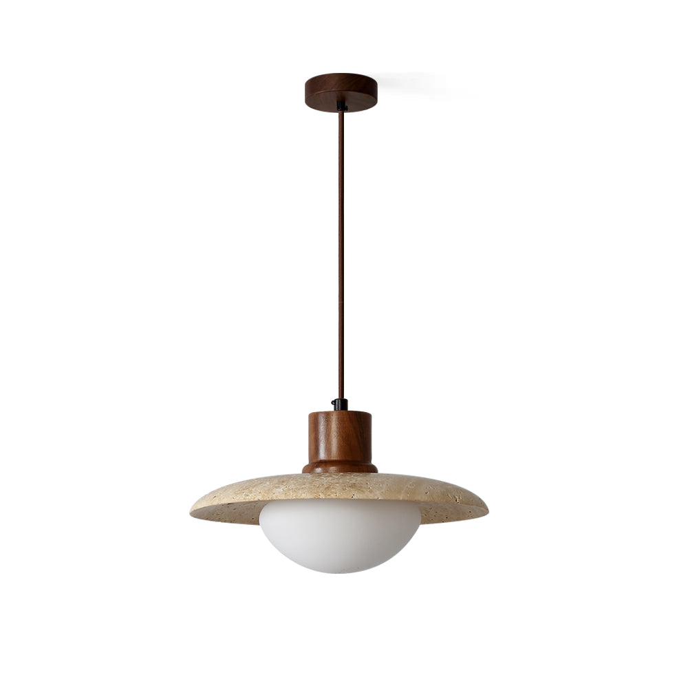 A close-up of the Jadssox travertine pendant lamp, showing the stone texture and wooden top.