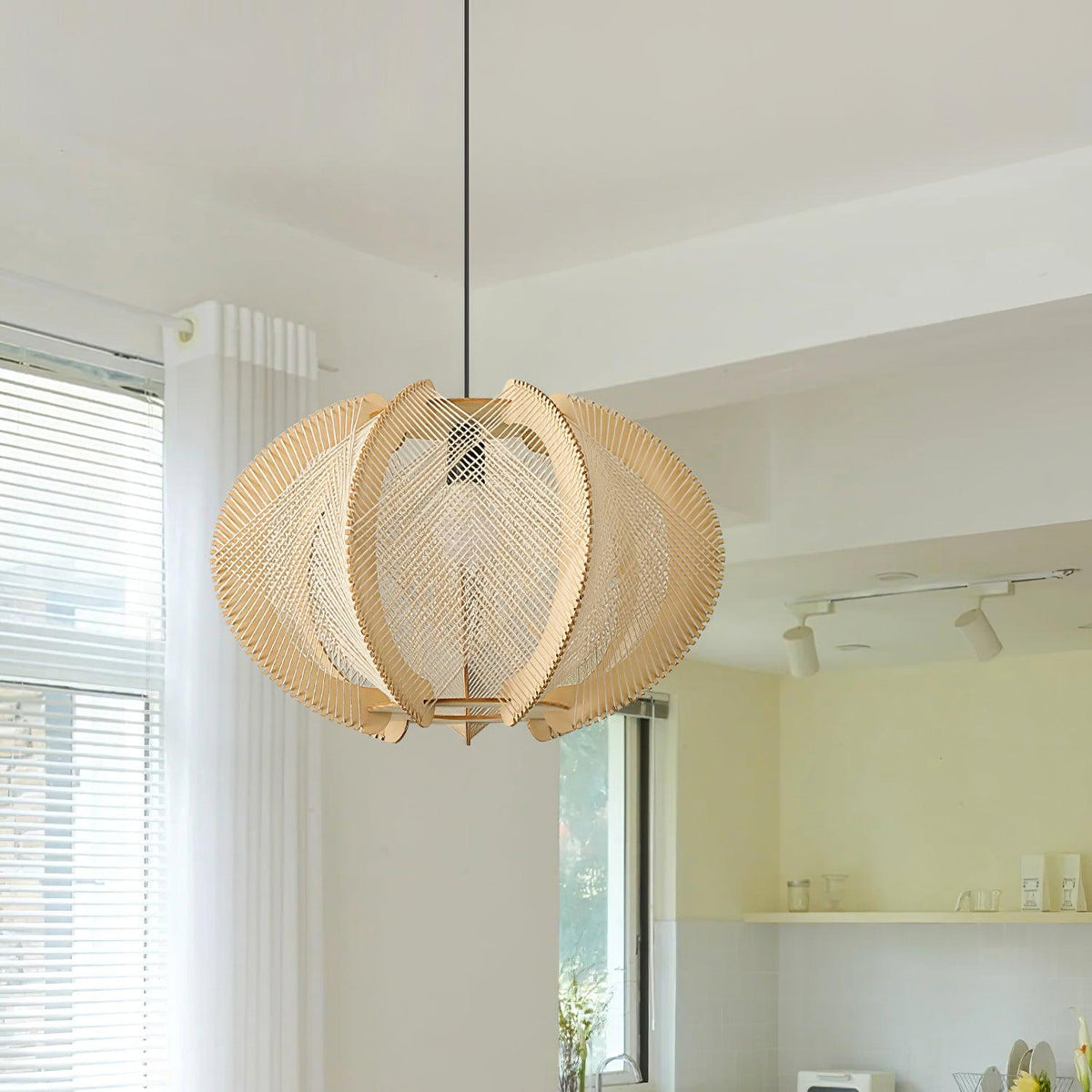 Vanto Pendant Light with Fabric Shade, Wooden Frame, and Wire Detail-Neutral Decor