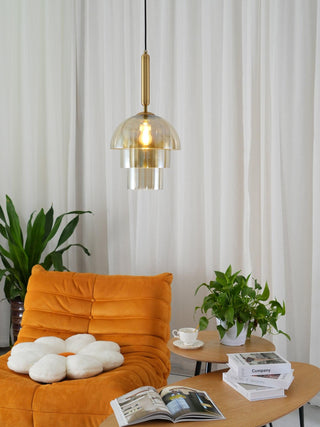Solara Suspension en Verre Cognac Dôme Laiton Mid-Century